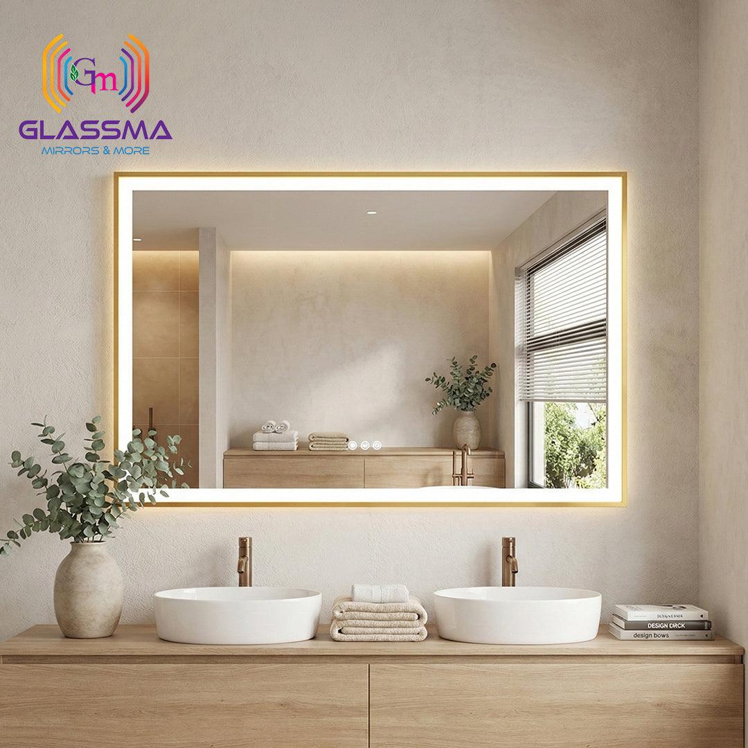 Rectangular Gold LED Bathroom Mirror | Front-Lit Vanity Mirror with Aluminum Frame - Glassma